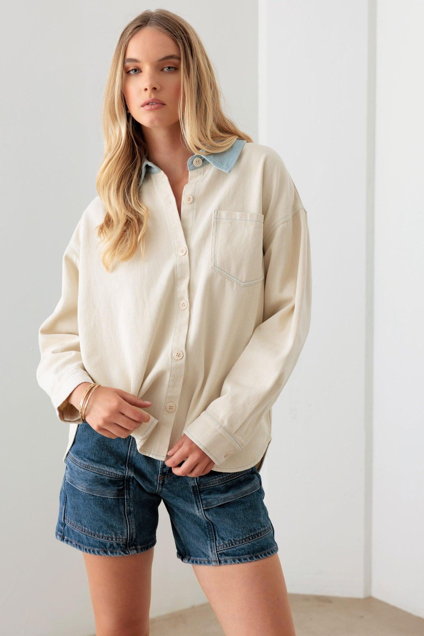 Cream Contrast Collar Cotton Pocket Oversized Shacket - ShopStyleEdit #