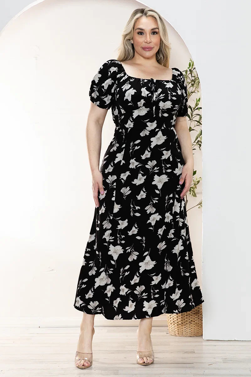 Plus Size Floral Front Tie Short Puff Sleeve Midi Dress