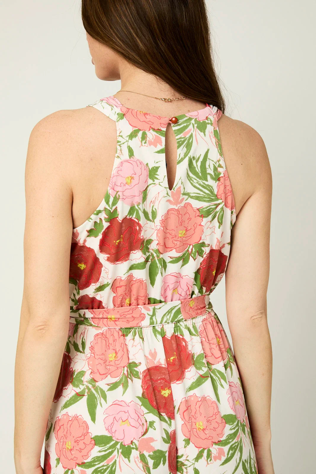 Floral Halter Front Tie Back Keyhole Midi Dress