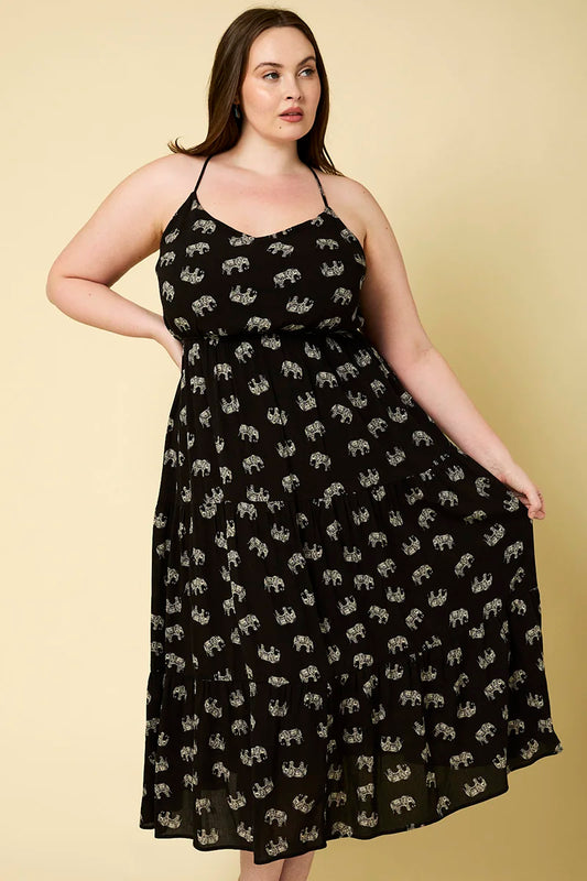 Plus Size Sleeveless Tiered Elephant Print Midi Dress