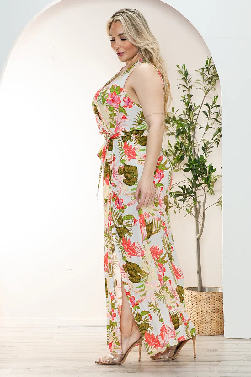 Plus Size Floral Wrap Belted Front Slit Maxi Dress