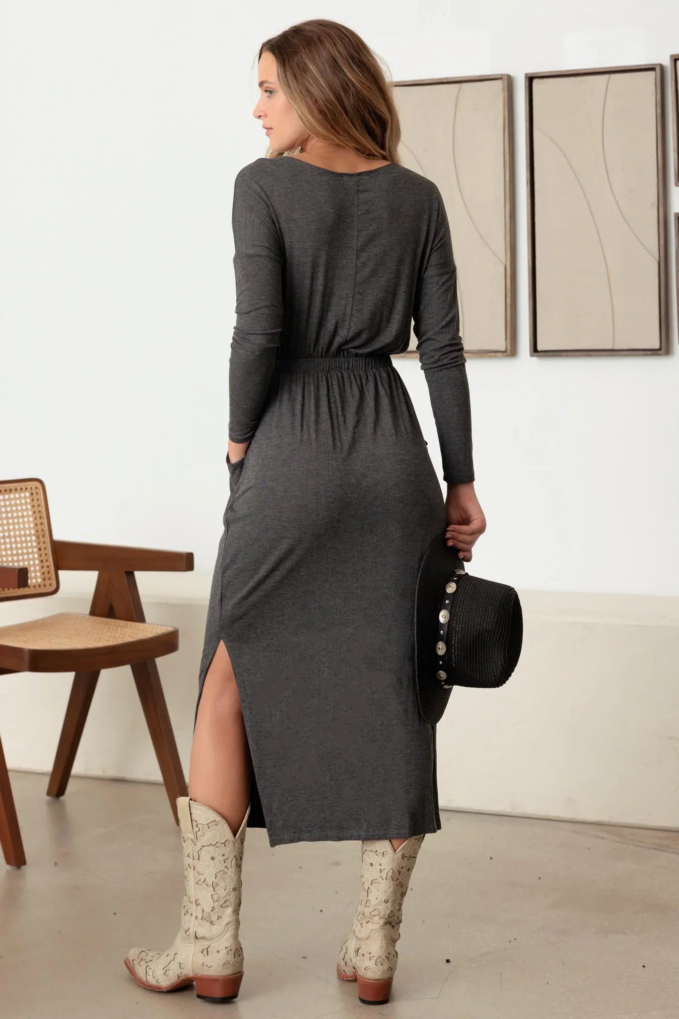 Belted Long Sleeve Side Slit Basic Maxi Dress