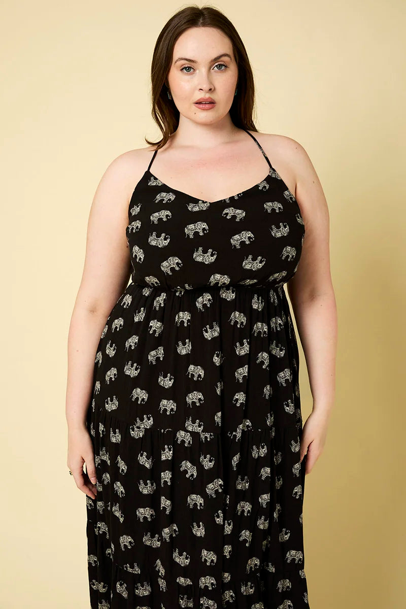 Plus Size Sleeveless Tiered Elephant Print Midi Dress