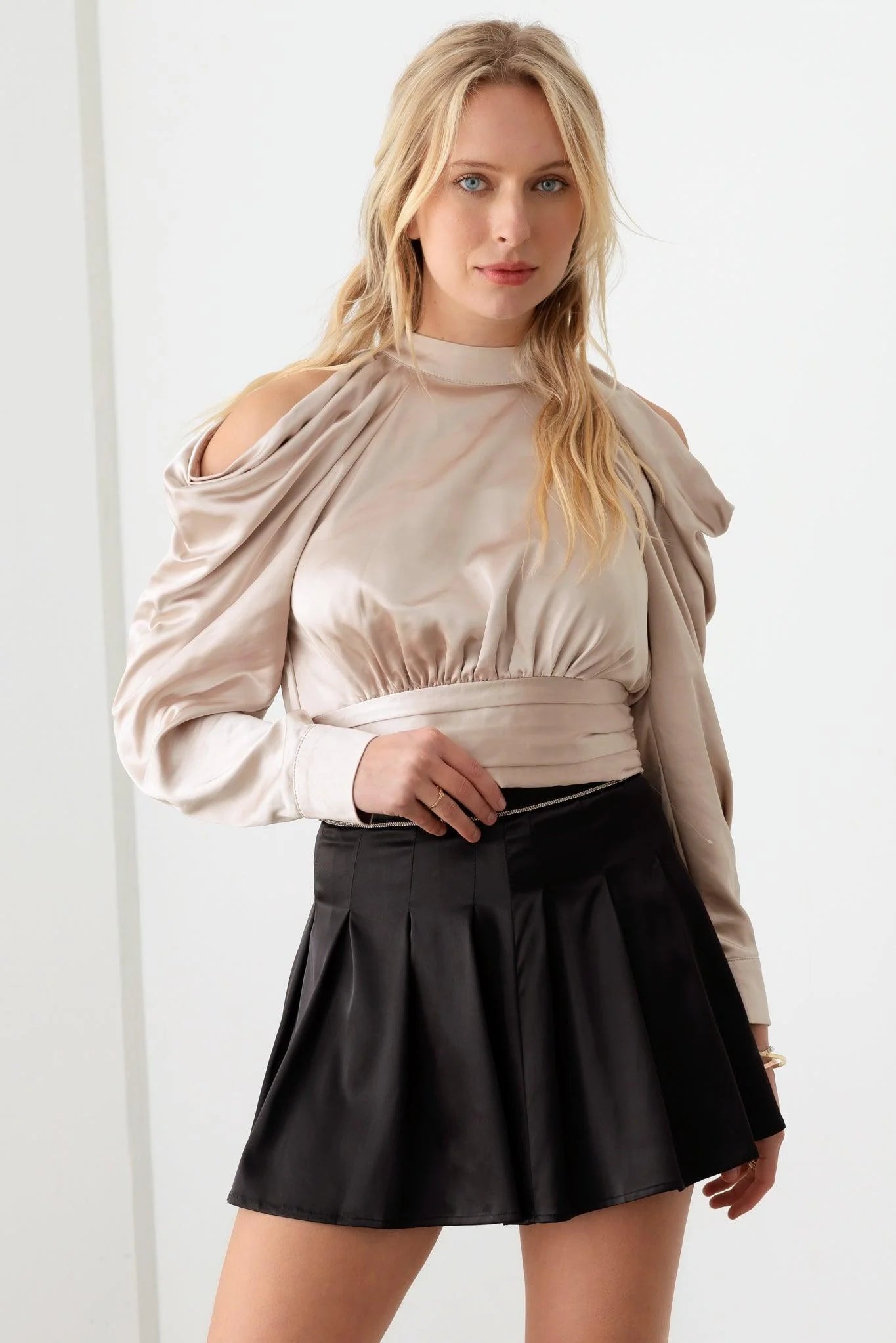 Satin Drape Sleeve Crop Cold Shoulder Top - ShopStyleEdit #