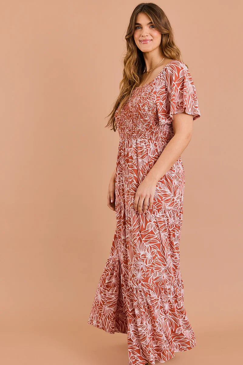 Plus Size Floral Smocking Bust Tiered Hem Maxi Dress