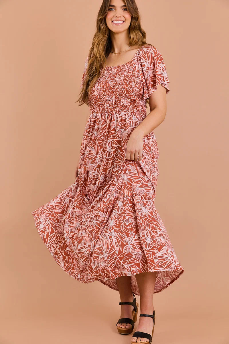 Plus Size Floral Smocking Bust Tiered Hem Maxi Dress