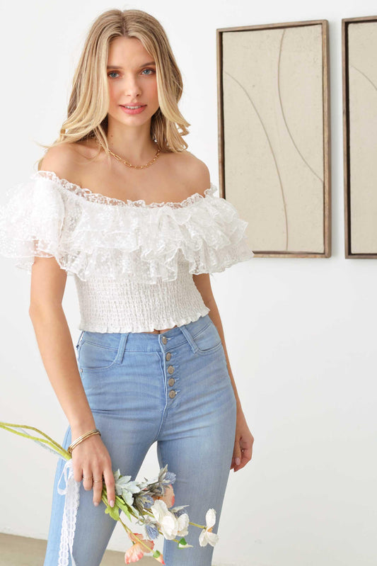 Ruffle Lace Smocked off Crop Top - ShopStyleEdit #