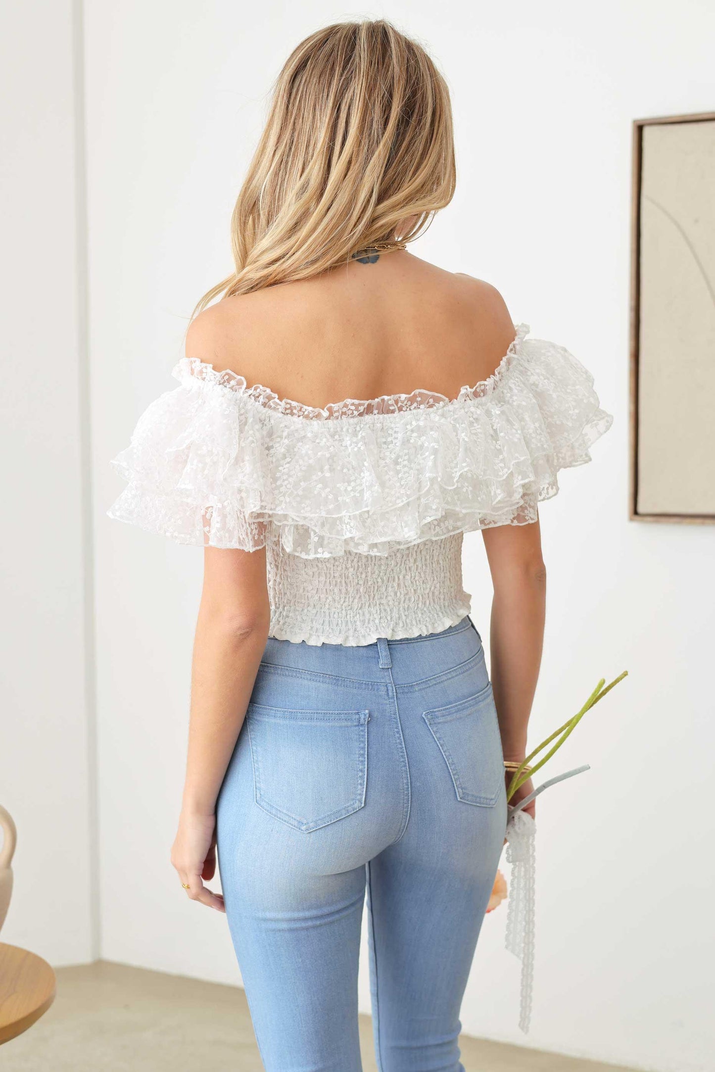 Ruffle Lace Smocked off Crop Top - ShopStyleEdit #